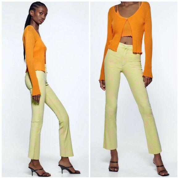 Zara 70's Retro Lime Green Mod Floral Print Flare Jeans - Picture 2 of 10
